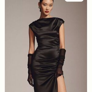 BHLDN Black Satin Midi Dress with Sheer Gloves